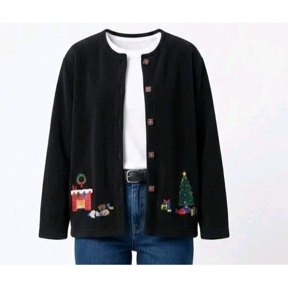 Premier International Christmas Fleece Cardigan Xl Black Ugly Sweater Gift Butto